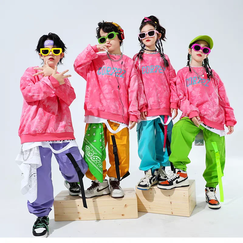 Mädchen Rosa Hip Hop Tie Dye Sweatshirt Street Dance Cargo Hosen Jungen Streetwear Kleidung Set Gruppe Jazz Bühne Leistung Kostüm