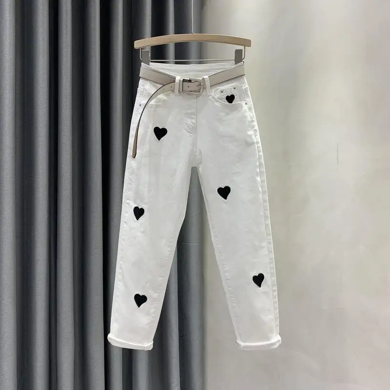 Women's Clothing Embroidery Heart Jeans White New High Waist Stretch Slim Fit Cropped Skinny Jeans White Women Pants