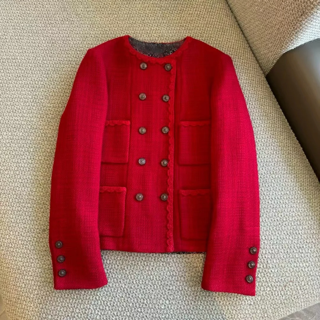 

Женская красная куртка из тонкого твида, подкладка с граффити на заказ, шерстяная и шелковая подкладка на пуговицах, новинка