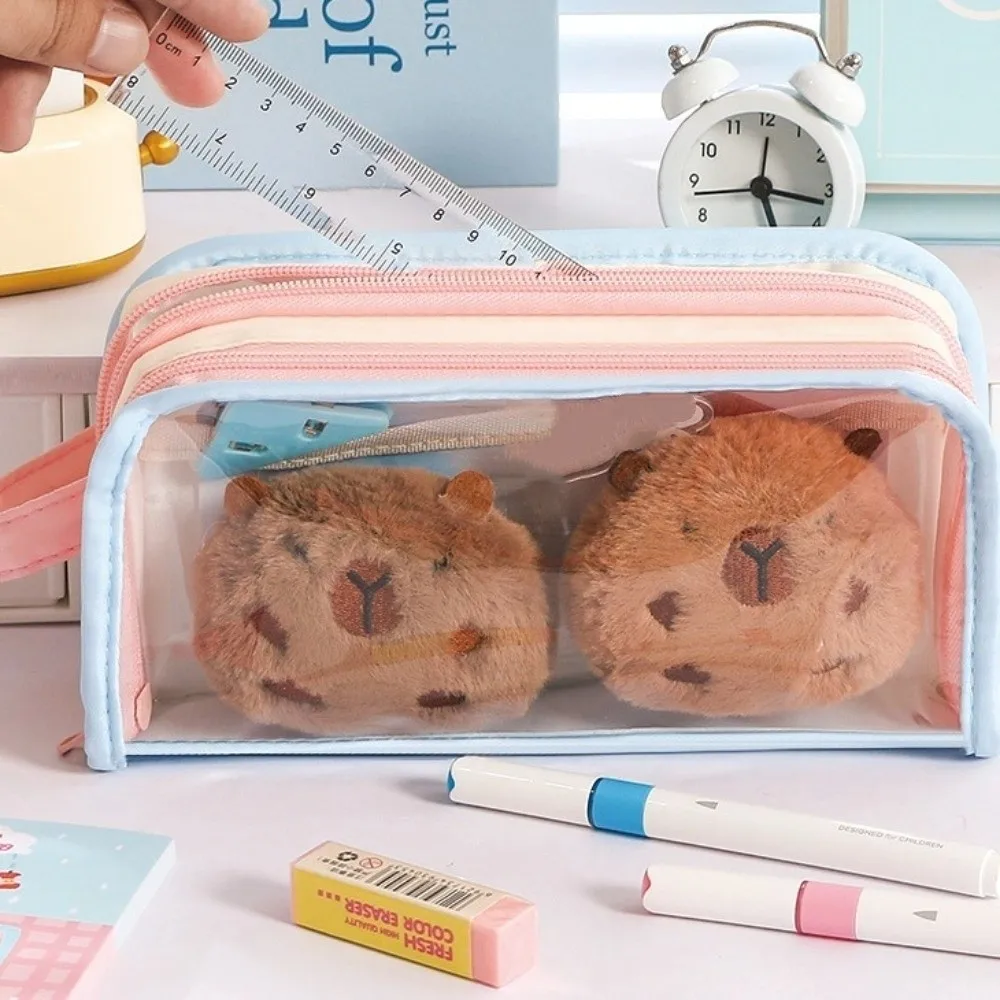 Transparent Display Korean PVC Stationery Bag Multilayer Desktop Storage Korean Style Pencil Case Large Capacity Pink Blue Green