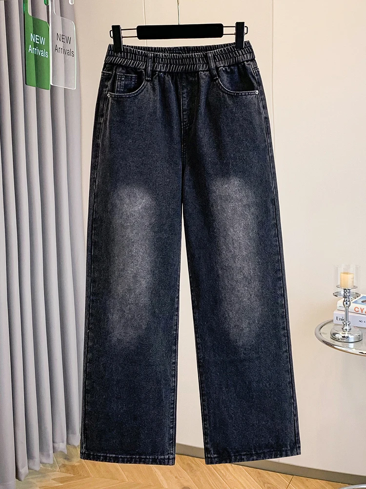 Authentic Autumn Straight Leg Jeans Elastic Waist Loose Fit High Waist Pants Slimming Effect for plus Size Women Casual Wear