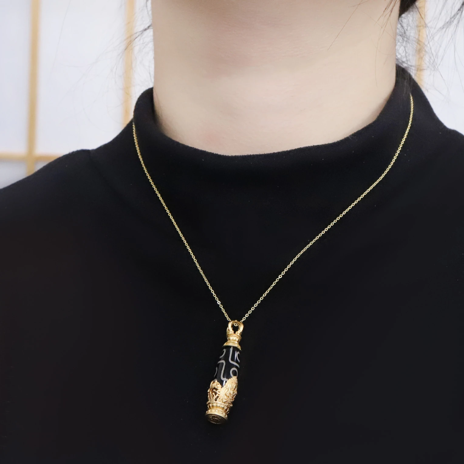 Tibetan Buddhism Black Agate 24k Gold Plated Copper 9 Eye Dzi Bead Pendant Necklace Men Women Buddhism Lucky Charms Amulets