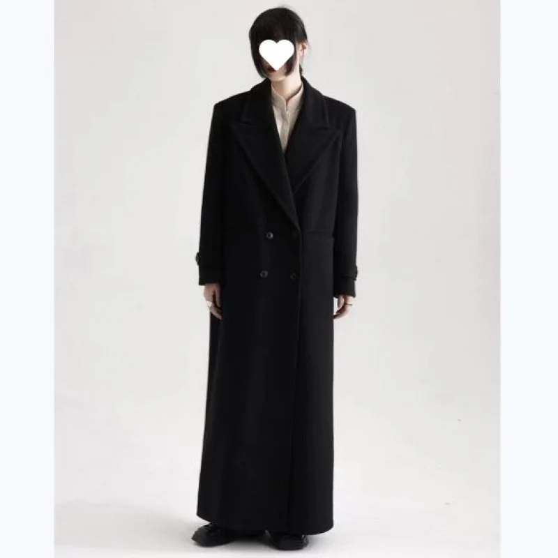 Winter Luxury Extra Long Black Warm Soft Wool & blends Coat for Women High Quality Loose Casual Woolen Overcoat 2025