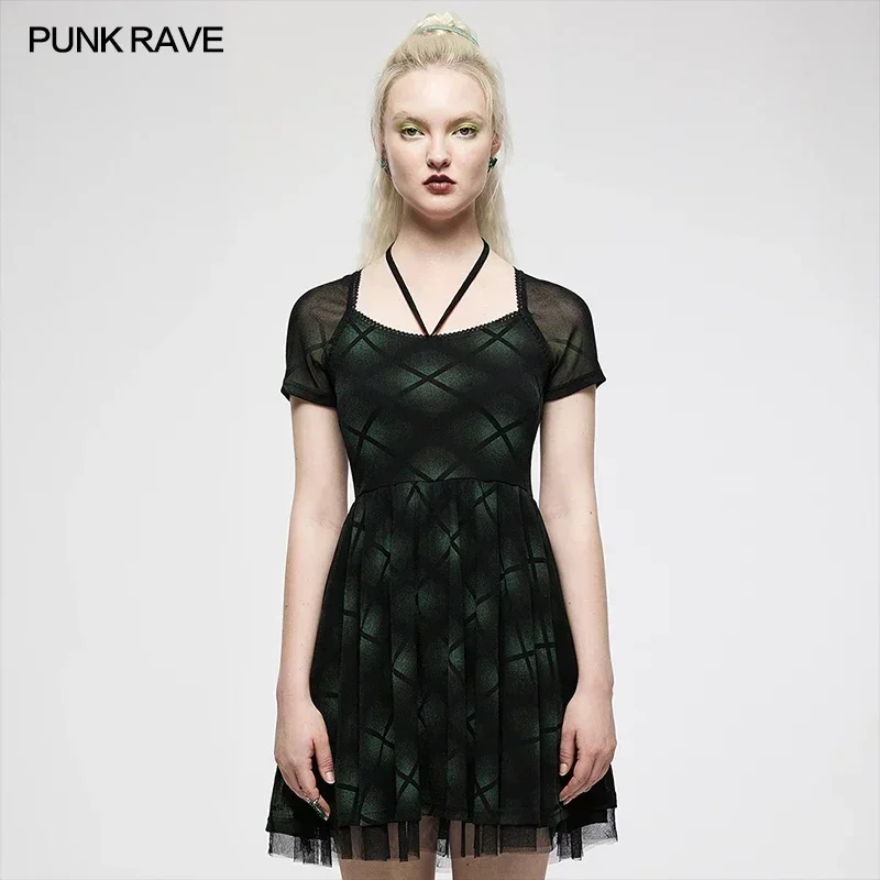 

PUNK RAVE Women's Dark Plaid Print Gauze Spliced Collect Waist Slim Dress Punk Daily Playful Hem Youth Girl Mini