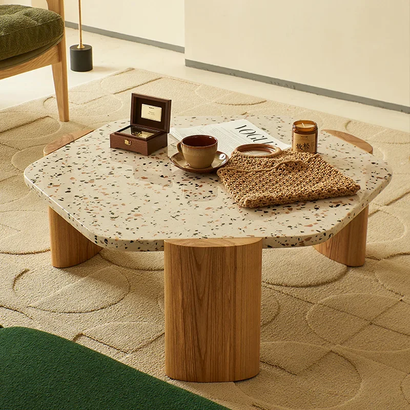 Quiet Wind Circular Terrazzo Tea Table Living Room Household Modern Simple Solid Wood Tea Table Small Unit Personalize