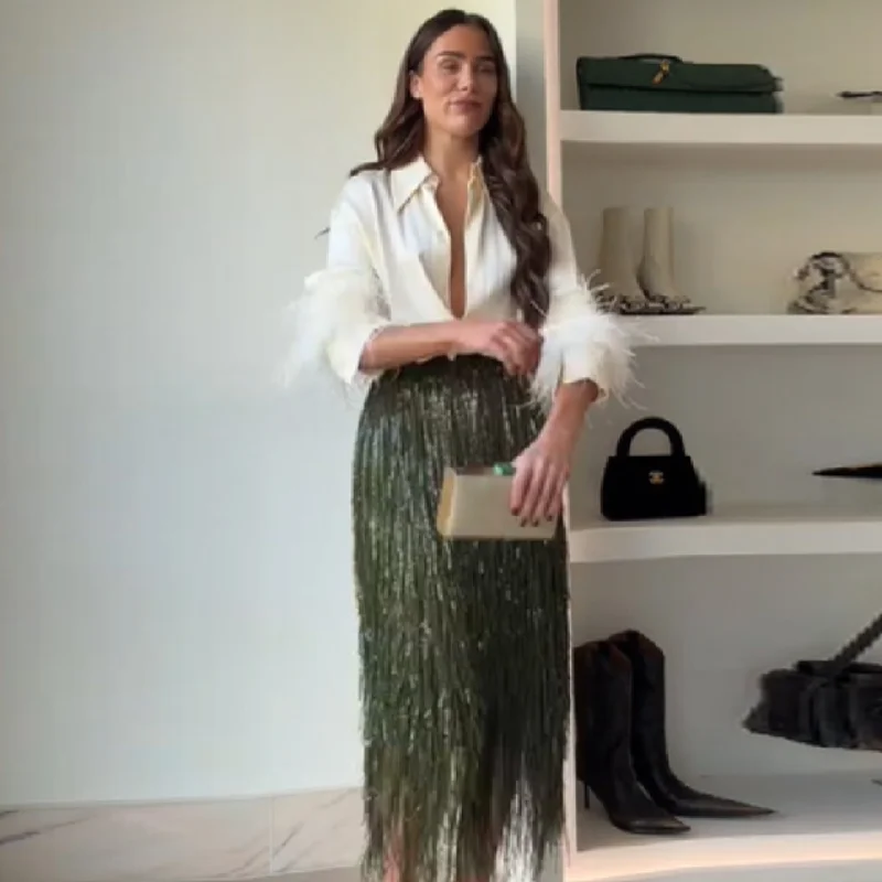 المرأة شيك لامعة الأخضر شرابة تنورة عالية الخصر سليم صالح طويل مستقيم فستان أنبوب 2025 سيدة جديدة التنقل نادي ملابس الحفلات