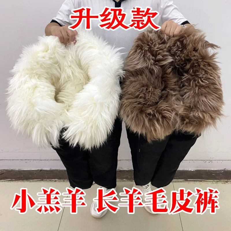 Men Women Pure Sheepskin Fur Leather Pants Middle Aged Warm Thickened Padded Wool Cotton Pants Outdoor Wear-resistant Pants