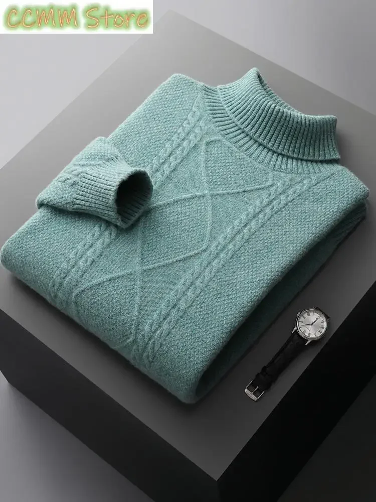 Men Turtleneck Cashmere Sweater Autumn Winter Thick Pullover 100% Merino Wool Knitwear Twist Flower Knitting Warm Casual Tops