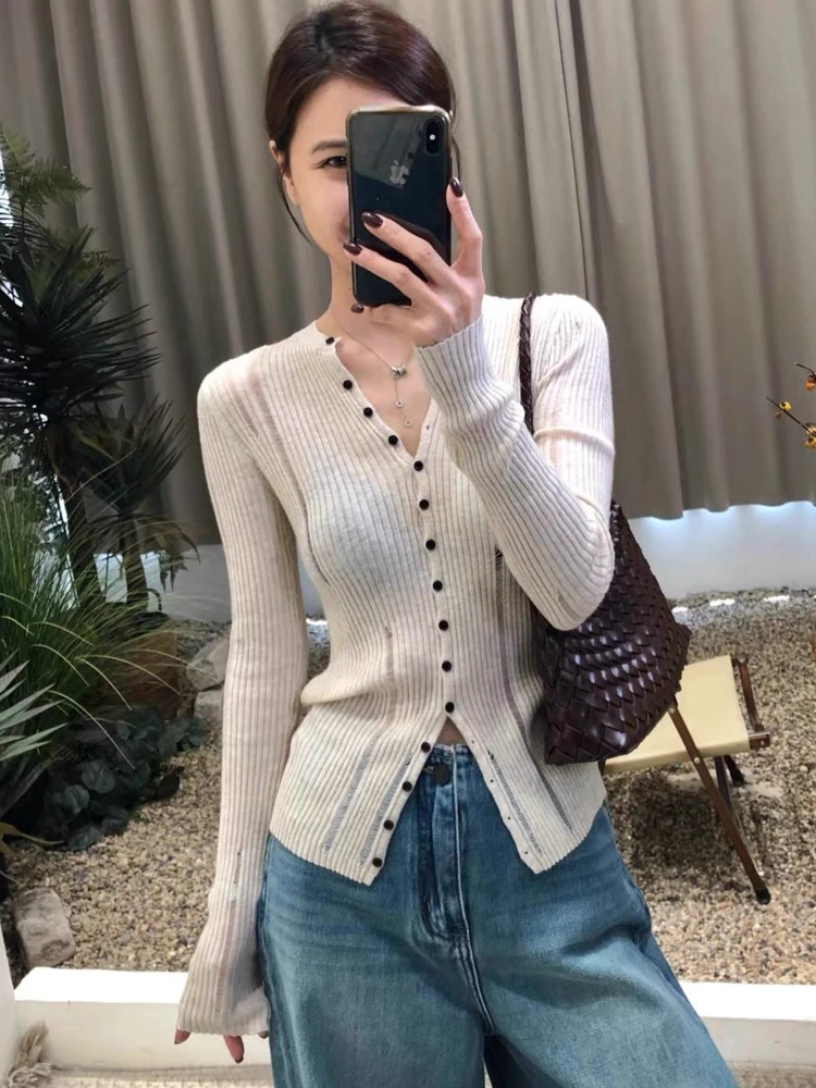 여성용 가을 신상 슬림핏 브이넥 가디건 베이스 탑 긴 소매 홀로우드 아웃 싱글 브레스티드 니트 스웨터