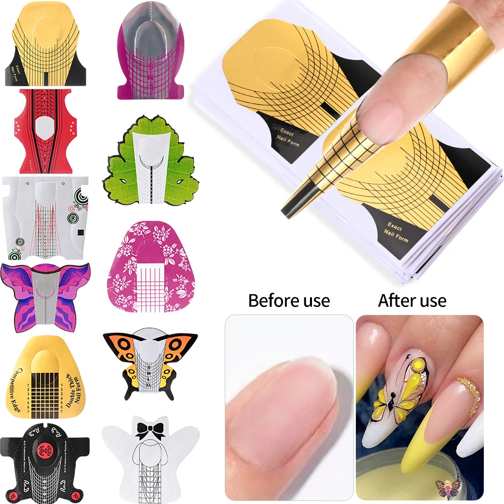 100 Uds. Puntas para formas de uñas francesas fácil pelado acrílico extensión de Gel UV forma de rizo pegatina guía molde plantilla de manicura herramientas acrílicas-*