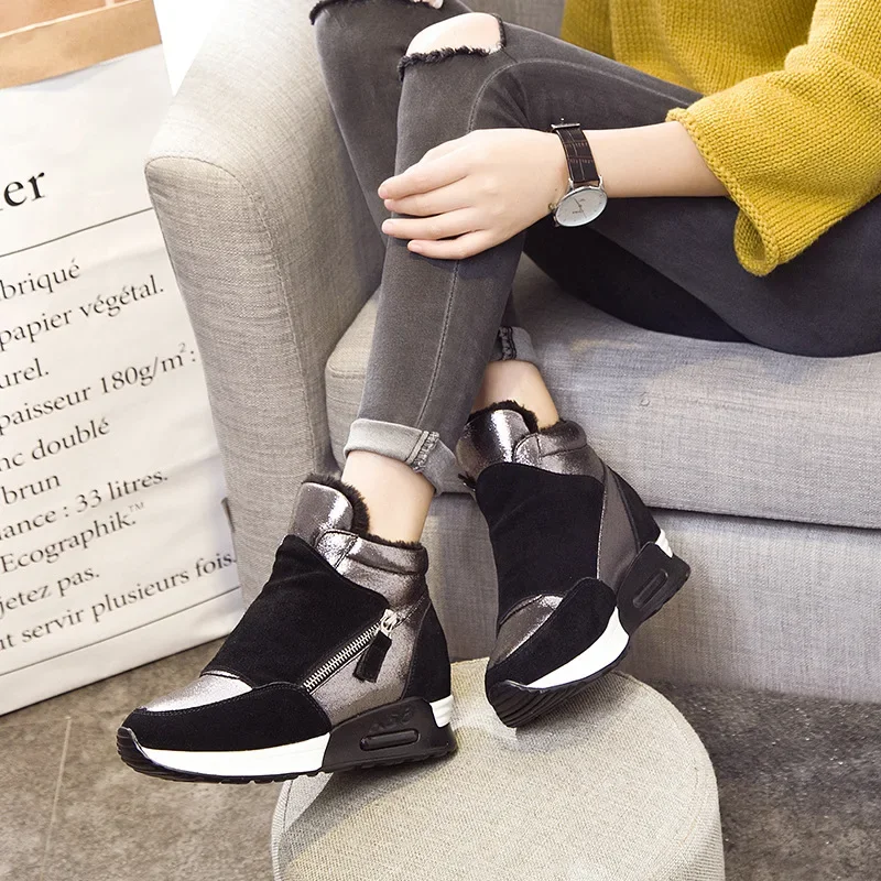 

2023 New Women Platform Shoes Fashion Sneaker Height Increasing Shoe Woman Casual Boots Luxury Warm Suede Leather Sneakers