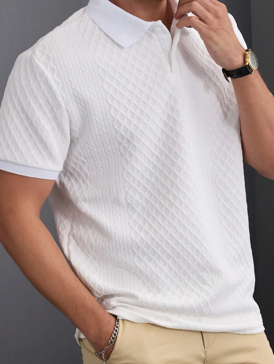 Men's White Short Sleeve Polo Shirt with Geometric Jacquard Knit, Casual Style for Spring Summer Daily Wear