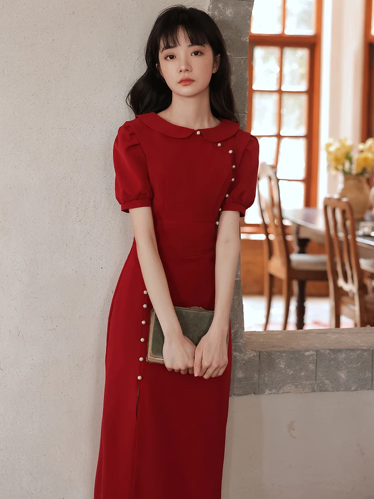 

Red Wedding Dr Engagement Dr Women's New Sle 2025 Ele Evening Gown Korean Sle Pearl Embellied ort...