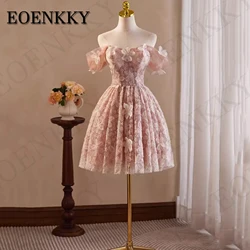 EOENKKY Luxury 3D Flowers Tulle Prom Dresses Pink Off Shoulder Birthday Homecoming Dress Short 파티 드레스 A Line Customized Korea