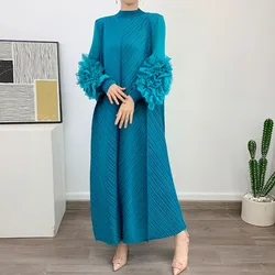 Miyake Pleated Maxi Long Dress Mesh Petal Sleeve Half Turtleneck Formal Dresses for Women 2024 New Birthday Dress for Women