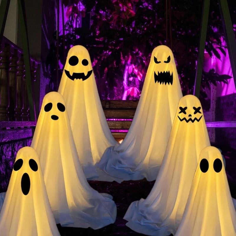 ฮาโลวีน Spooky Ghost ตกแต่งด้วย String ไฟ LED GLOW Ghost ด้านหน้าระเบียง Patio น่ากลัวยืน Ghost Halloween Decor