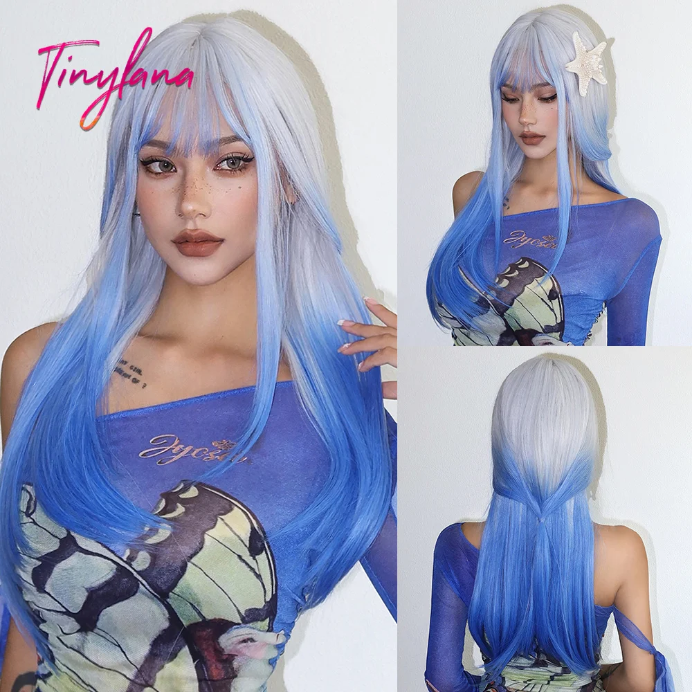 White Blue Ombre Long Synthetic Wigs with Bangs Colorful Cosplay Blue Straight Lolita Wig for Women Heat Resistant Natural Hair