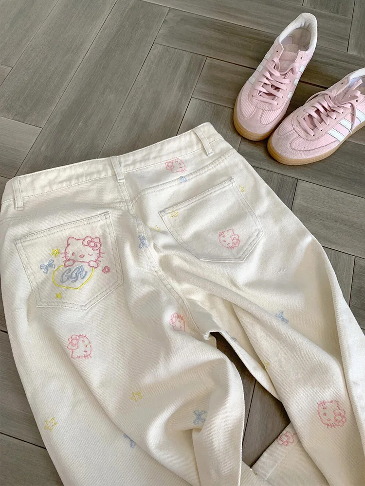 Vaqueros de pierna ancha con bordado de gato estilo retro americano, plones rectos ajustados de cintura alta, estilo casu...