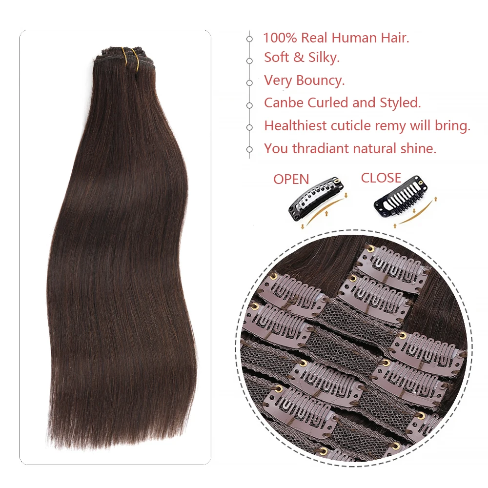 8 Uds. Extensiones de cabello con Clip marrón Chocolate, Clip de encaje Remy liso en extensiones de cabello humano para mujeres, cabello con Clip de 12-18 pulgadas