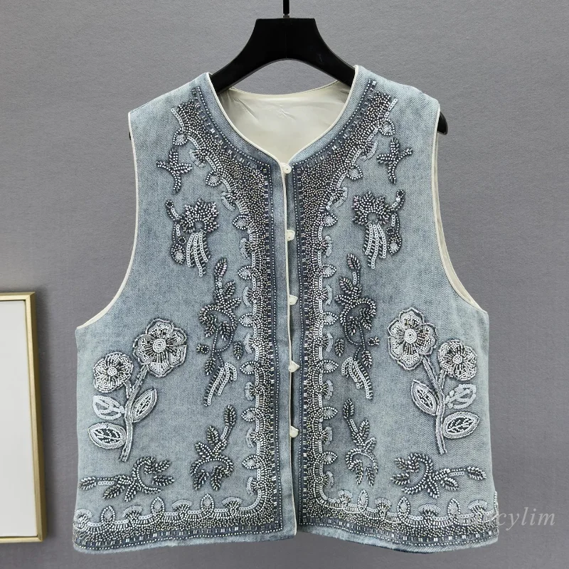 Short Sleeveless Denim Vest Jacket for Women, New Spring Fall, Vintage Distressed with Rhinestone and Sequin Embellishments view 5