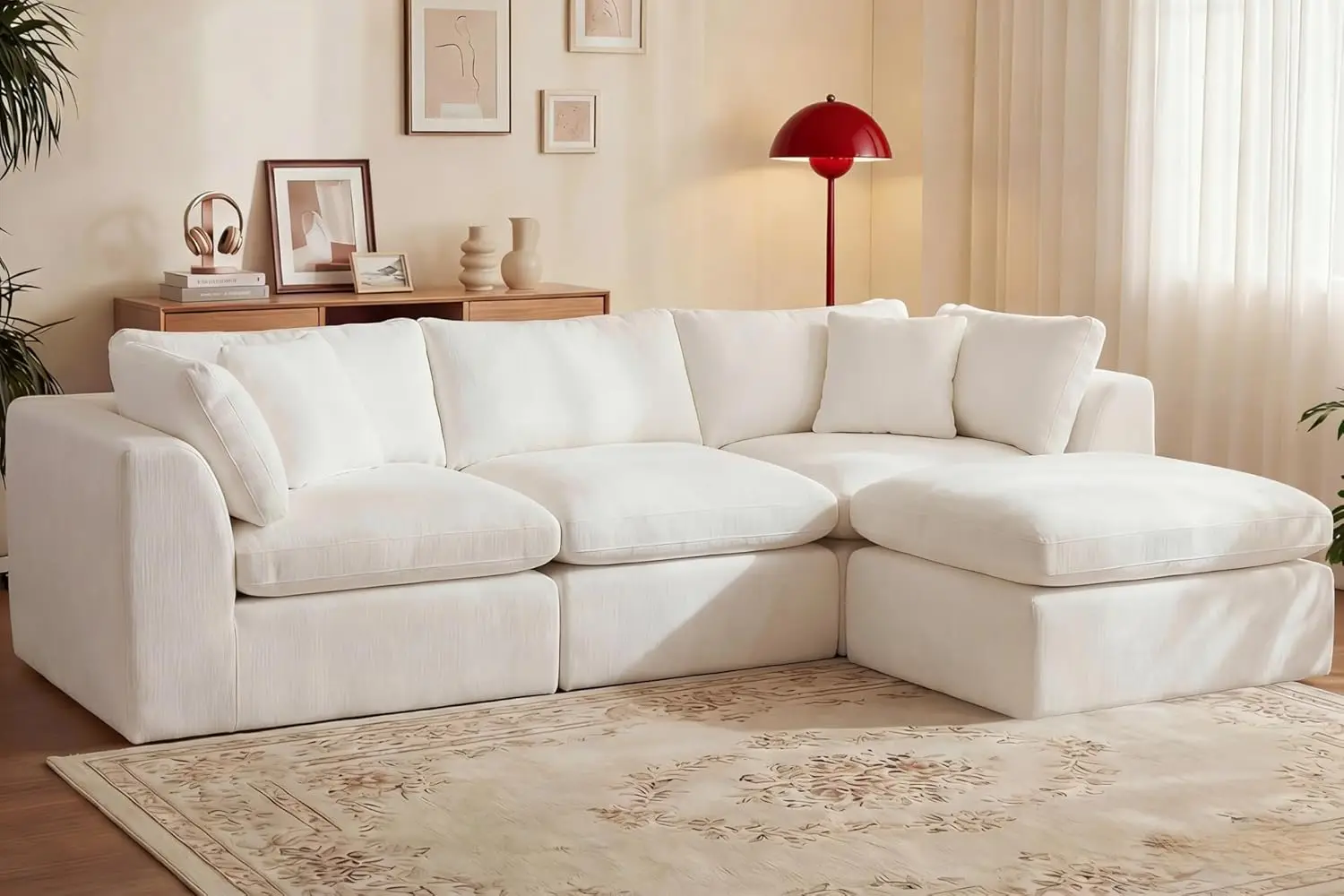 

GRUSIGN 110'' Oversized Cloud Sectional Boneless Couch for Living Room, Modern Big Compressed L Shape Couch with Ottoman & 2 Thr