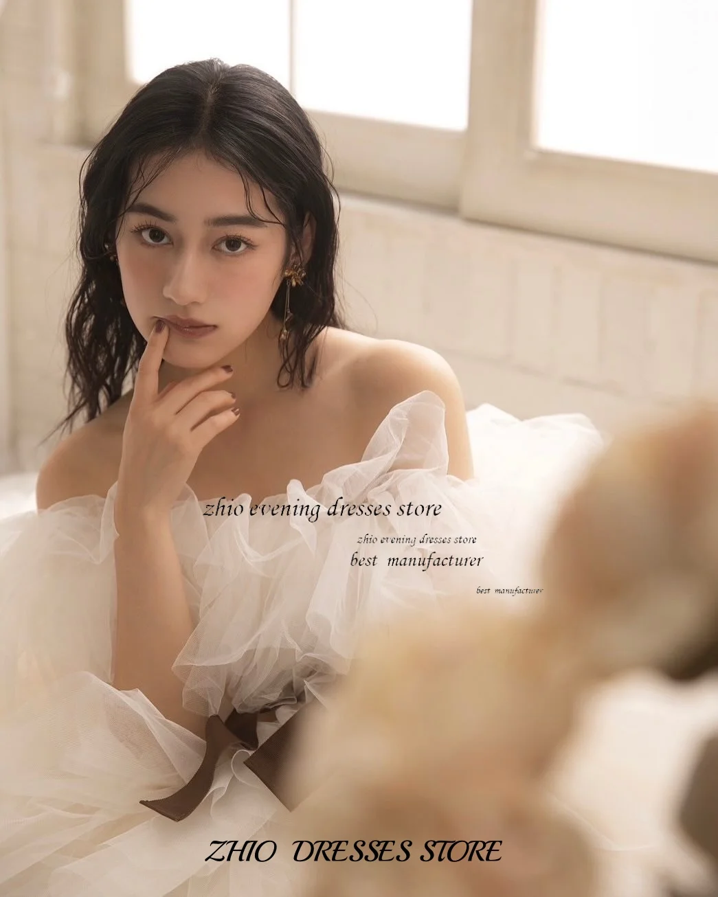 ZHIO Off Shoulder Champagne Tulle Ball Gown with Ruffles Puffy Sleeves Black Bow Bridal Prom Dress Custom Wedding Dress