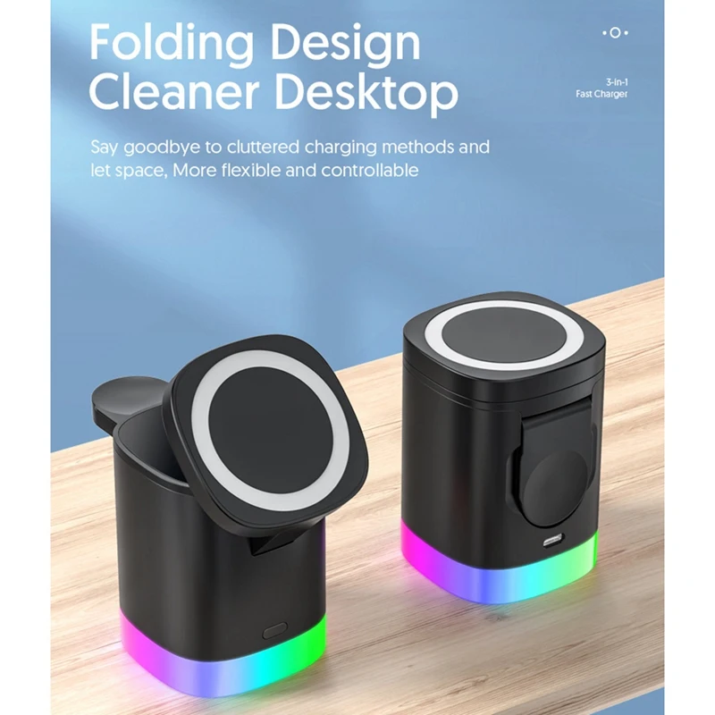 Светодиодная подсветка 3 в 1 Магнитное беспроводное зарядное устройство для серии Pro/Iwatch Зарядное устройство для телефона 15 Вт для Iphone 14/13/12 X