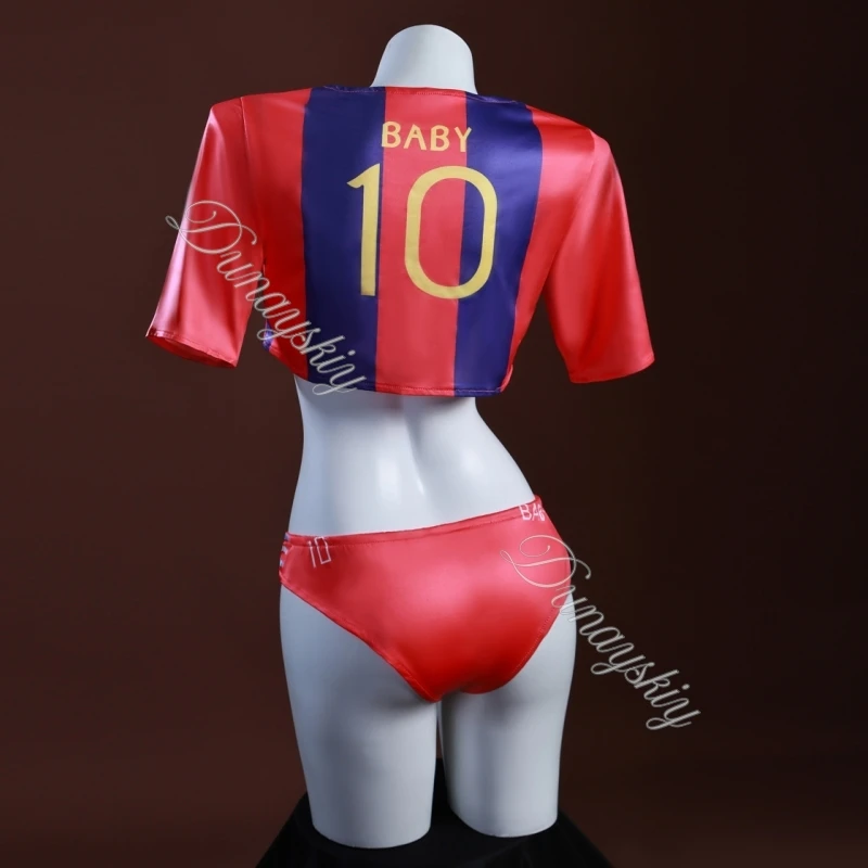 Women Football Cheerleader Two Piece Lingerie Set Red Purple Stripe Crop Top Football Themed Bikini Lingerie for Club Party view 2