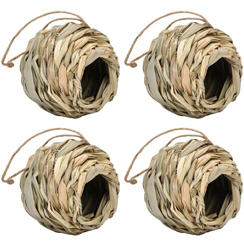 4Pack Hanging Bird Nest House For Outside,Hand Woven,Made Of Natural Grass For Gardens,Balconies,Tree Trunks