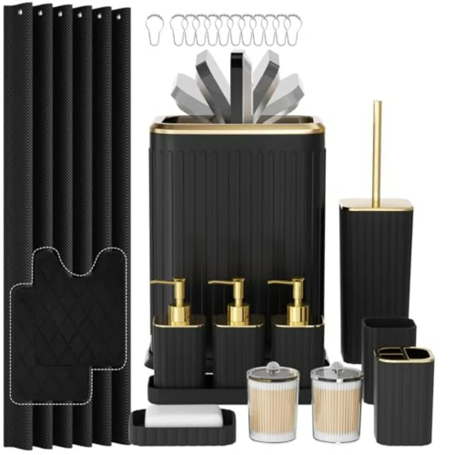 

Набор аксессуаров для ванной комнаты, 26 предметов, черный, с занавеской для душа, ковриками, мусорным ведром из нержавеющей стали и ёршиком для унитаза