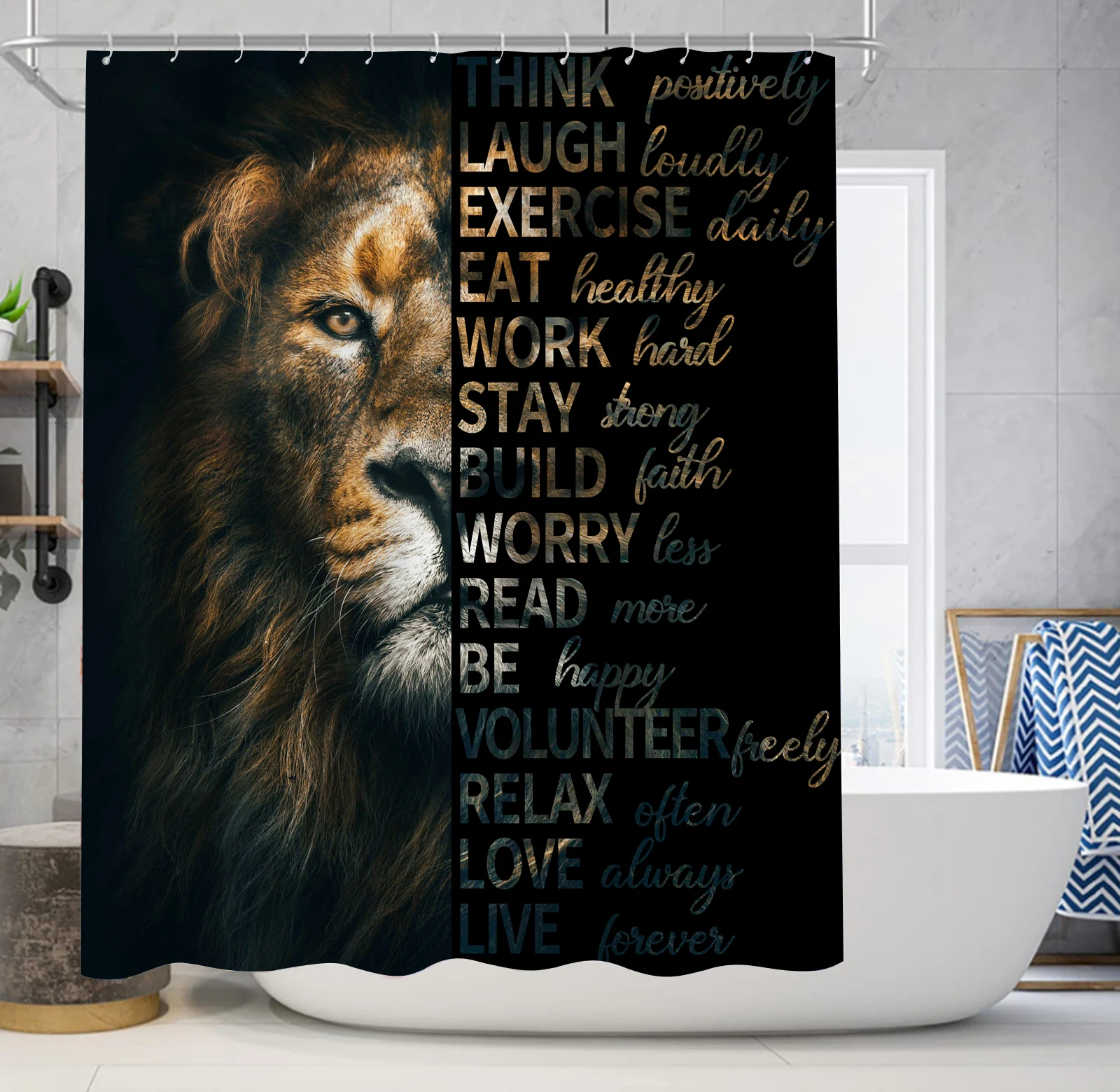 Bathroom Curtain Animal Lion Style Polyester Fabric Shower Curtain 180 * 180CM With 12 Hooks