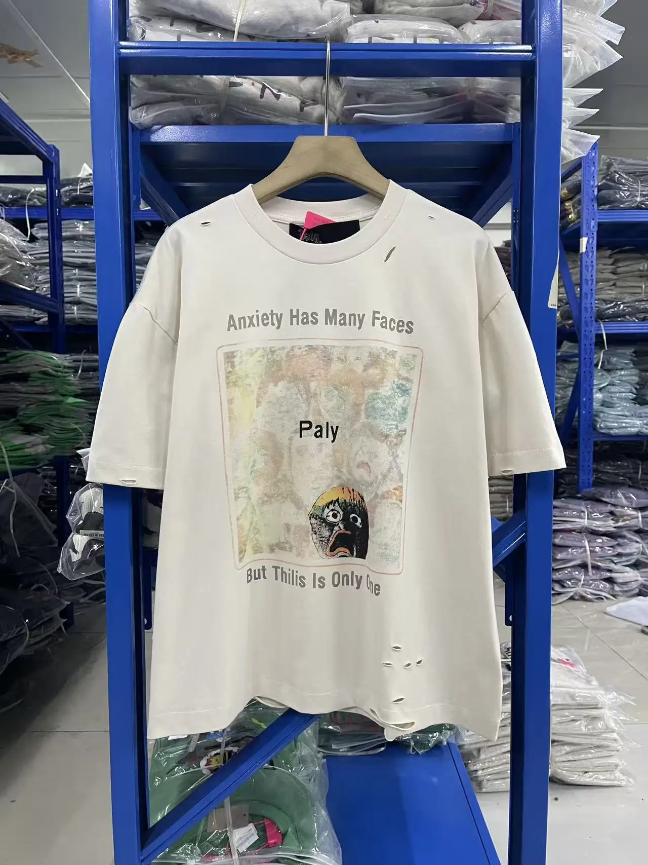 

Paly Hollywoo FW26 New Vintage Retro "Anxiety Has Many Faces' High-Street Graffiti Print Cotton Tops T-Shirt For Men