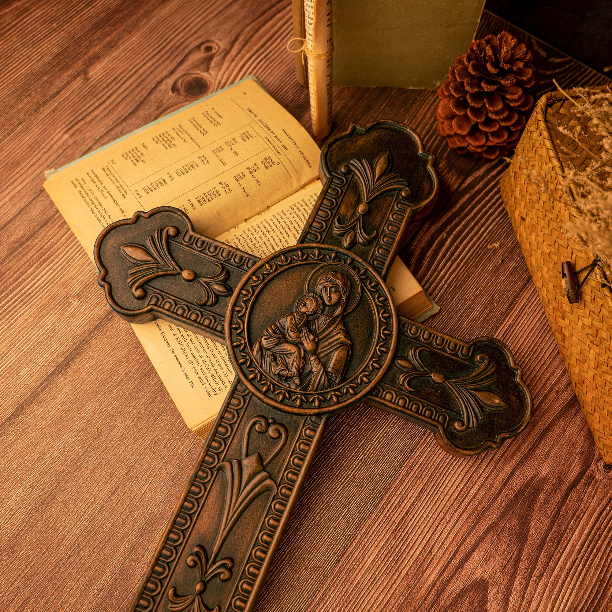 Ornate Floral Carved Wooden Cross Virgin Mary Holding Baby Jesus Central Medallion Vintage Religious Wall Hanging Plaque Catholi