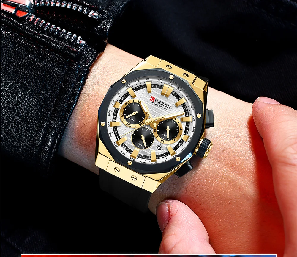 CURREN Luxusmarke Hochwertige Chronograph-Leuchtuhren für Herren mit Silikonarmband, Lässige Sportliche Wasserdichte Quarz-Armbanduhr – Detail 16