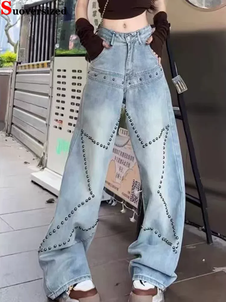 

Wide Leg Straight Rivet Jeans Pants New Fashion Streetwear Vintage Baggy Vaqueros Women's Casual Loose Retro Denim Pantalones