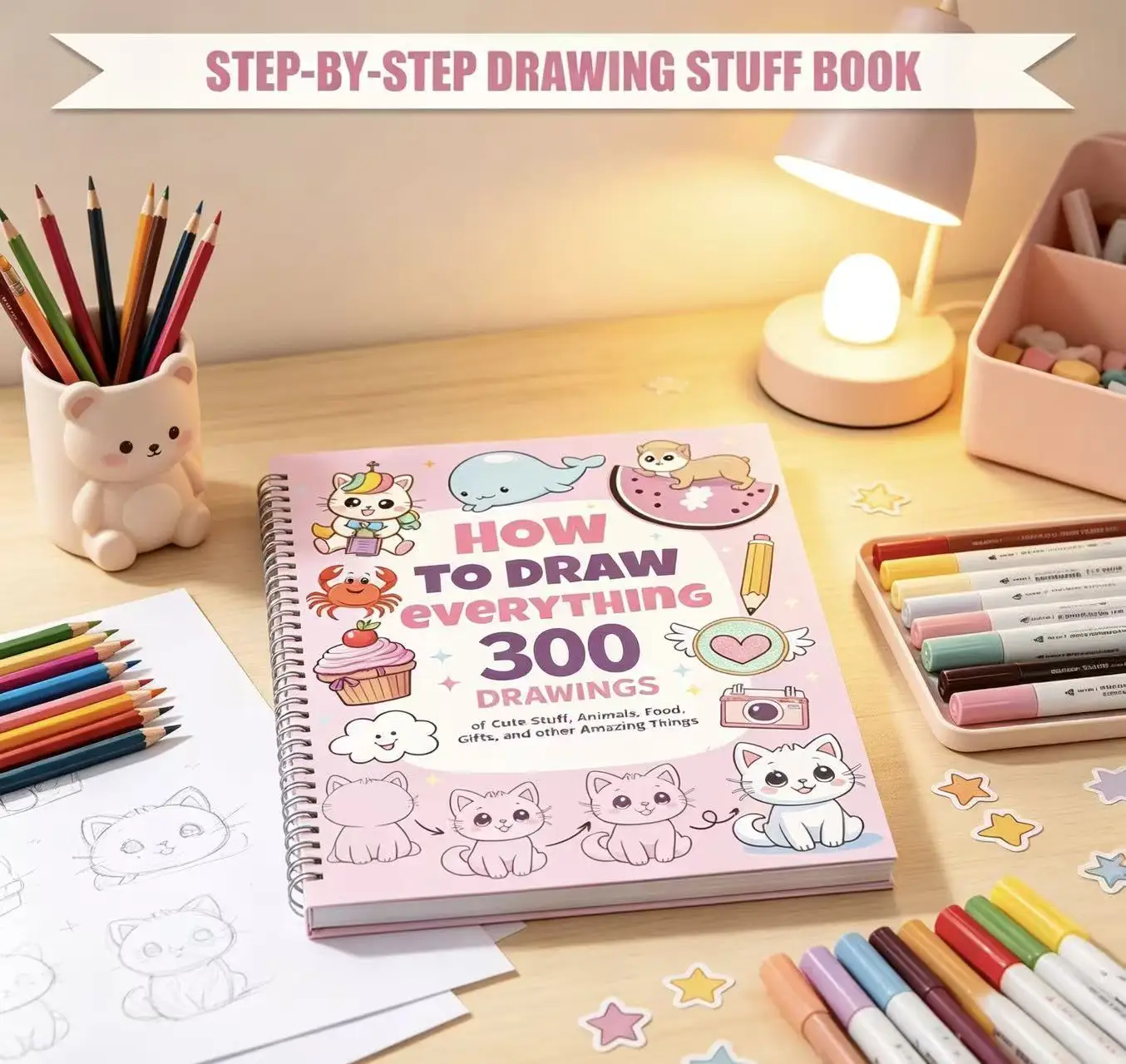 300 Cute Step‑by‑Step Drawing Tutorials for Kids,Fun Activity Sketchbook for Beginners,Learning Drawing Book Gift for Boys Girls