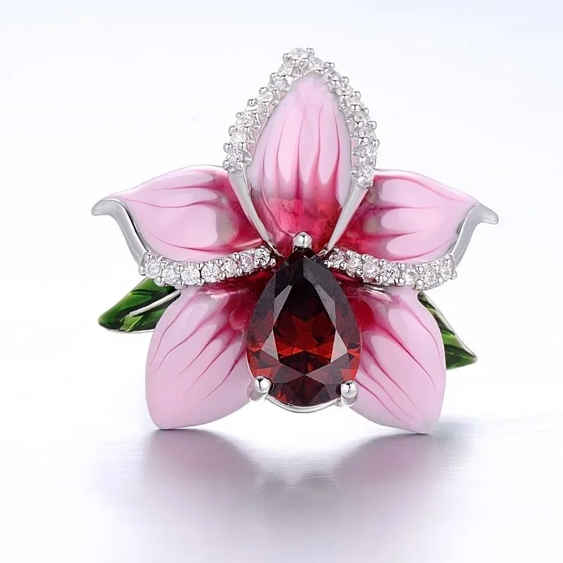 Milangirl  Pink  Flower Rings for Women  Luxury Plant Floral Design Red Zircon Birthstone Ring Engagement Jewelry Whole Sale