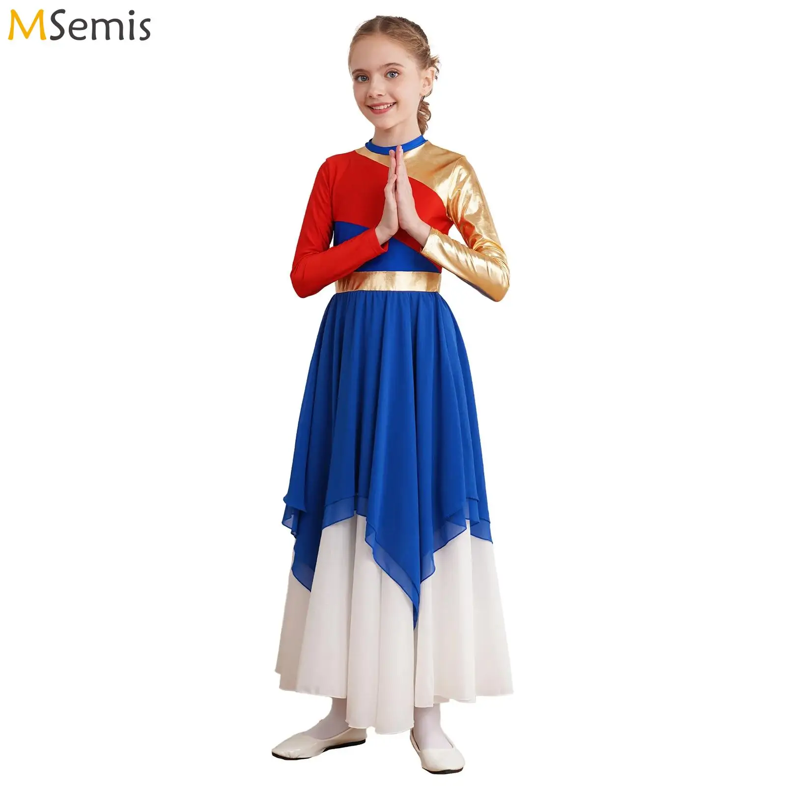 

Women‘s Metallic Praise Liturgical Lyrical Dance Dress Long Sleeve Ballet Costume Church Choir Worship Performance Dancewear