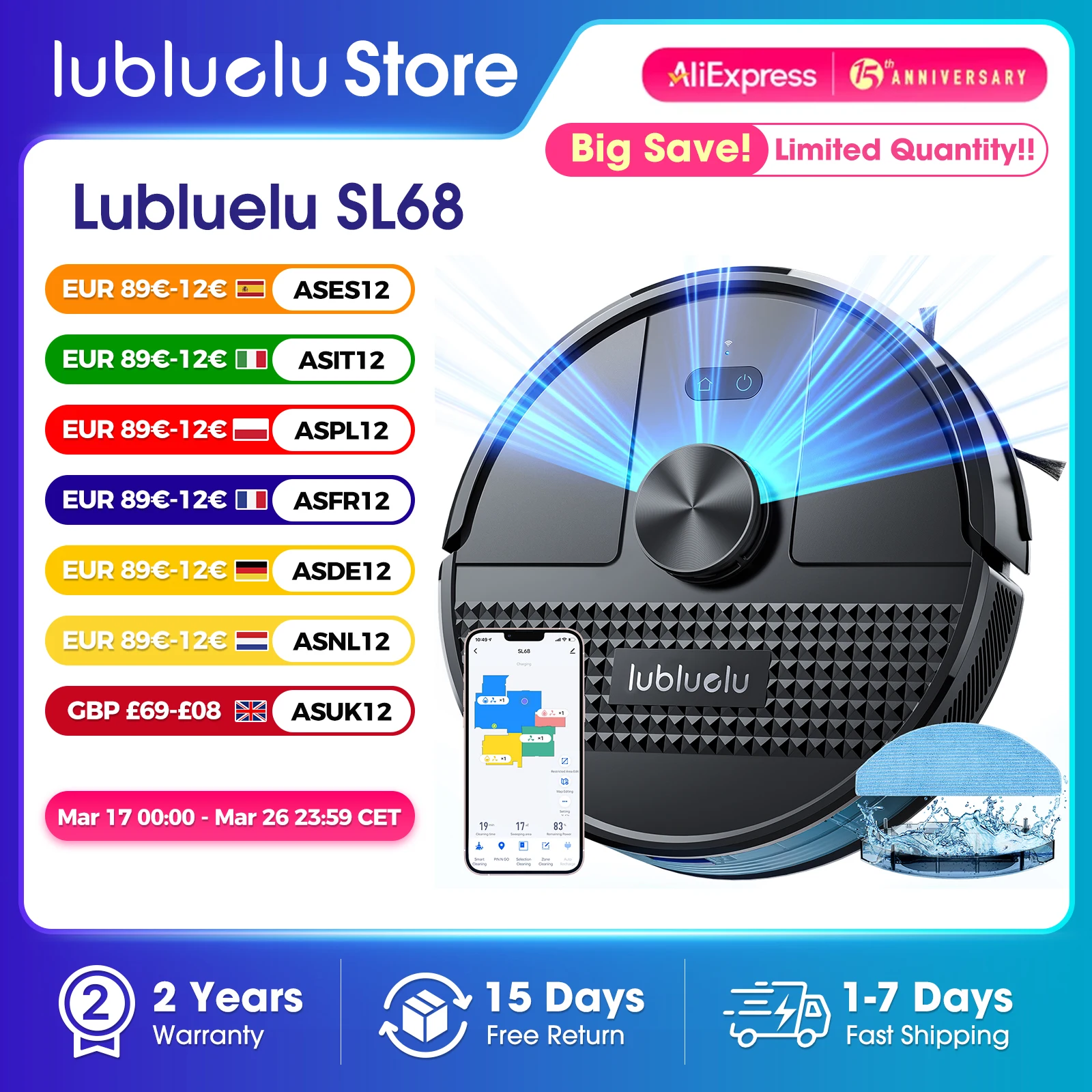 Lubluelu SL68 Robotic Vacuum Cleaner, 4500Pa Suction Power, Self-Charging, Anti-Siphon 5 Maps 24 No-Go Zones Hard Floor Cleaning