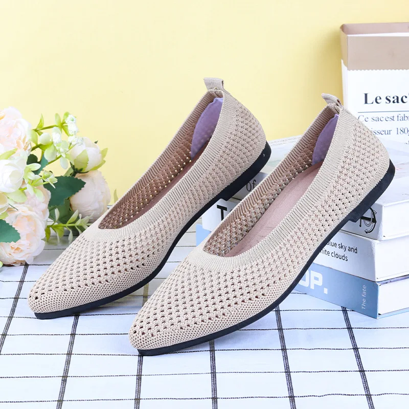 Women's Shoes New Solid Color Pointed Flat Bottom Mesh Soft Sole Single Shoe Casual Breathable Hollow Knitted Driving Shoes