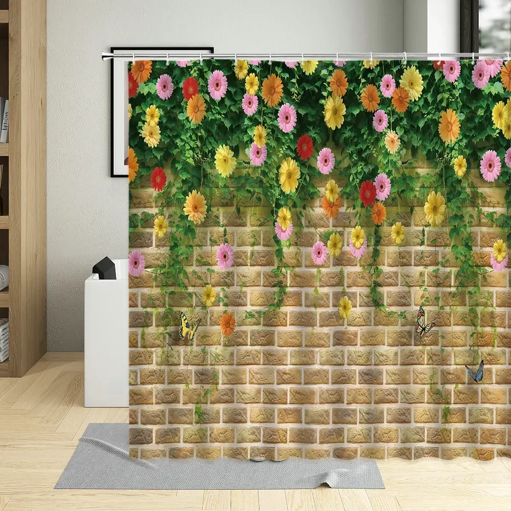 Flower Plant Flower Wall Shower Curtain Spring Scenery Green Leaf Lawn Natural Landscape Wall Cloth Decor Bathroom Curtains Set