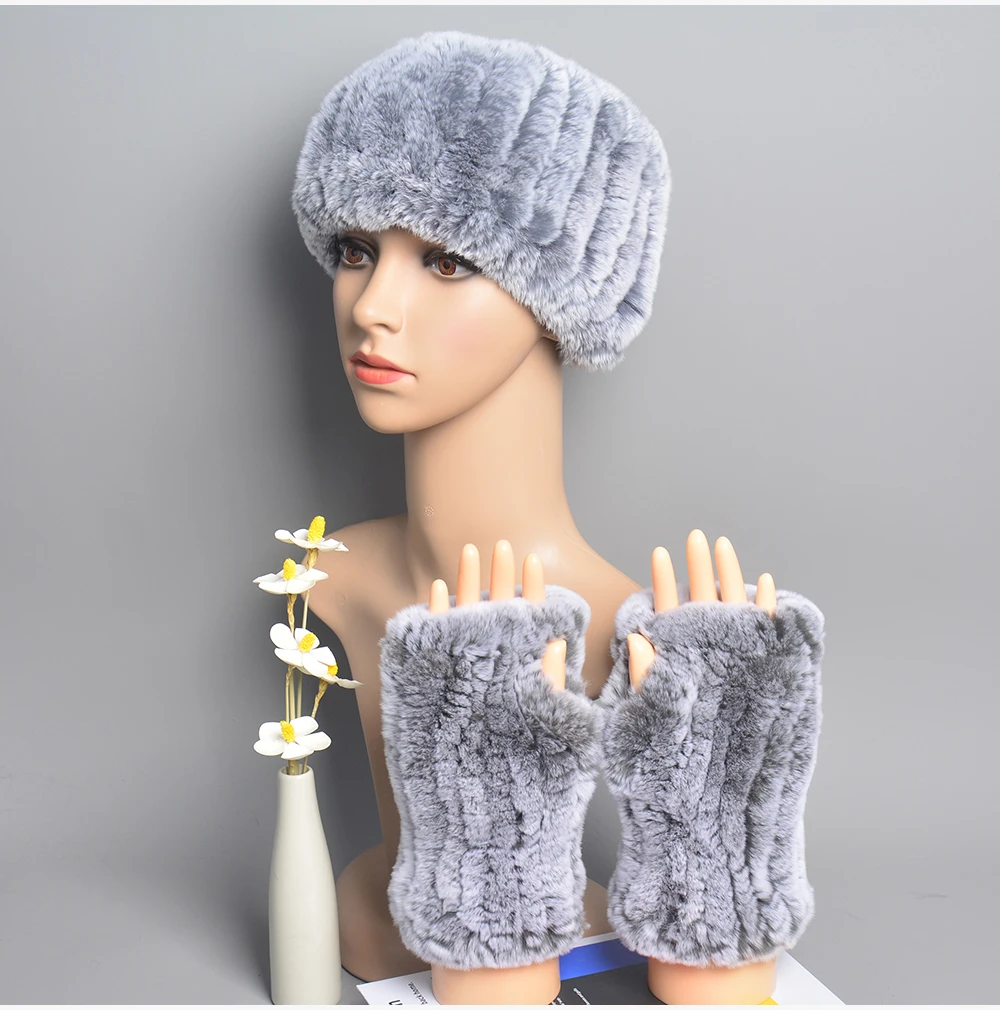 One Set Women Real Rex Rabbit Fur Cuff+Headband Winter Warmer Hat Arm Wrist Sleeve Gloves Female Real Fur Cap+Elastic Wristband