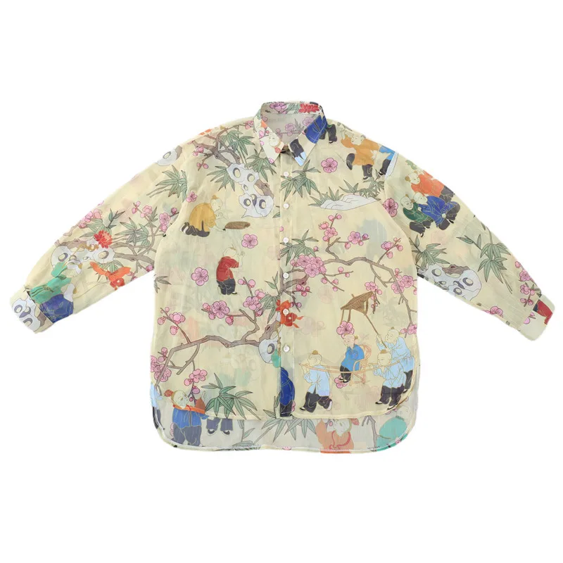 WVGA Summer New Men Chinese Style Thin Transparent Ancient Style Printed SunProof Nine Sleeve Shirt Niche Casual Tops Ins W25162