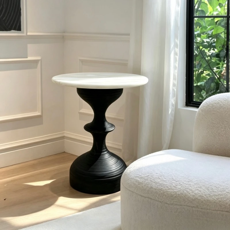 Sculpture side table solid wood base white natural marble countertop suitable for hotel living room