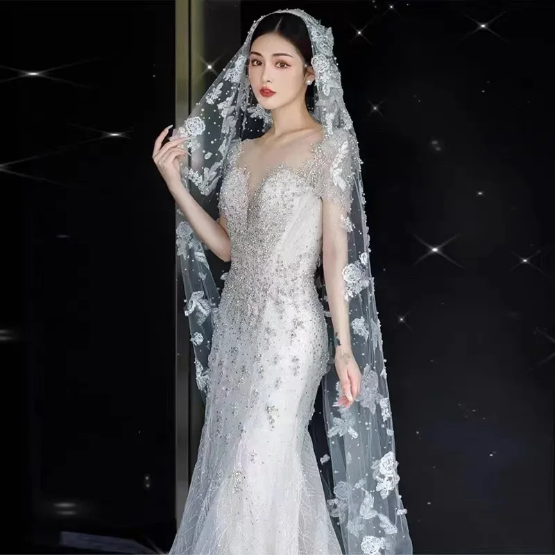 

Luxury Flash Diamond Super Long Trailing Soft Yarn Bride Super Fairy White Retro Pearl Lace Veil