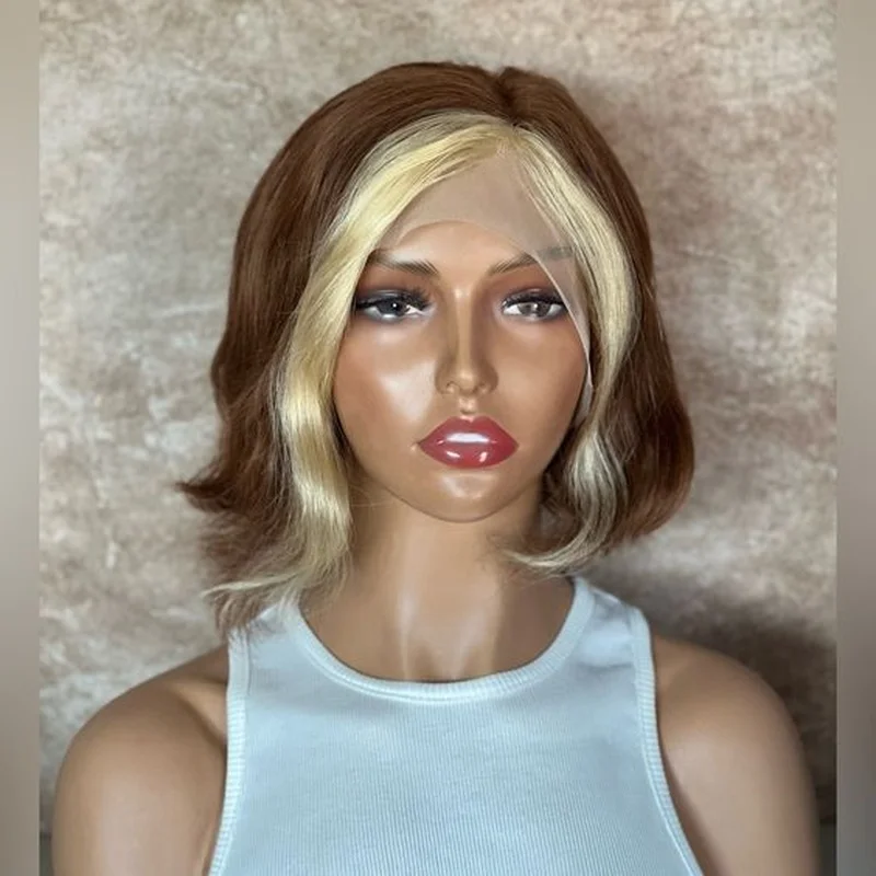 Short Wave Curly Brown Blonde Lace Front Remy  Hair Wig Pre Plucked Wig