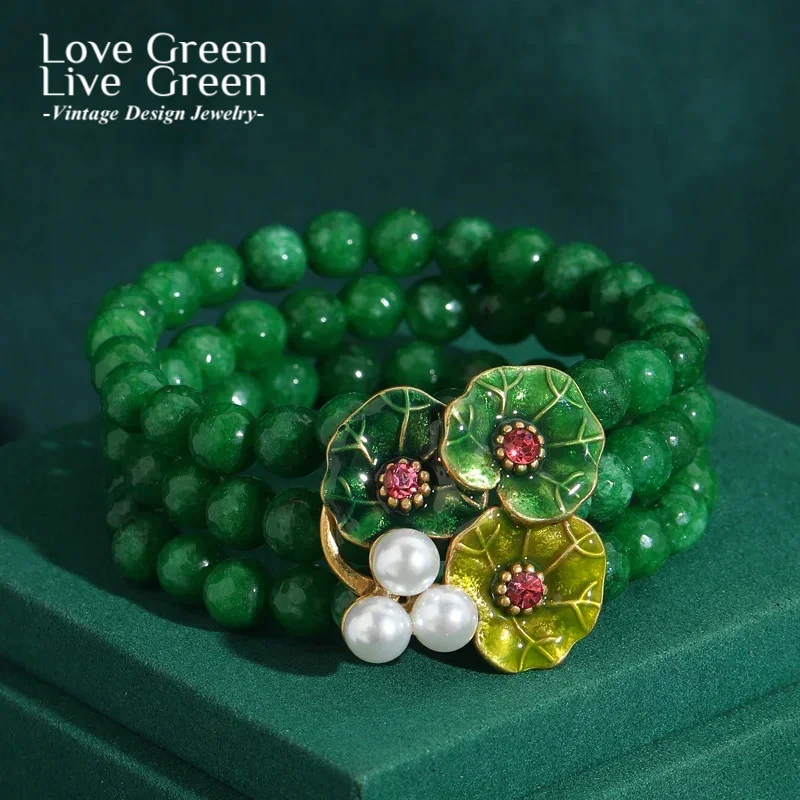 

Vintage Emerald Green Layerd Natural Stones Beaded Bracelets For Woman Stretchy Charm Jewelry Lotus Leaf With Pearl 2025 Trend