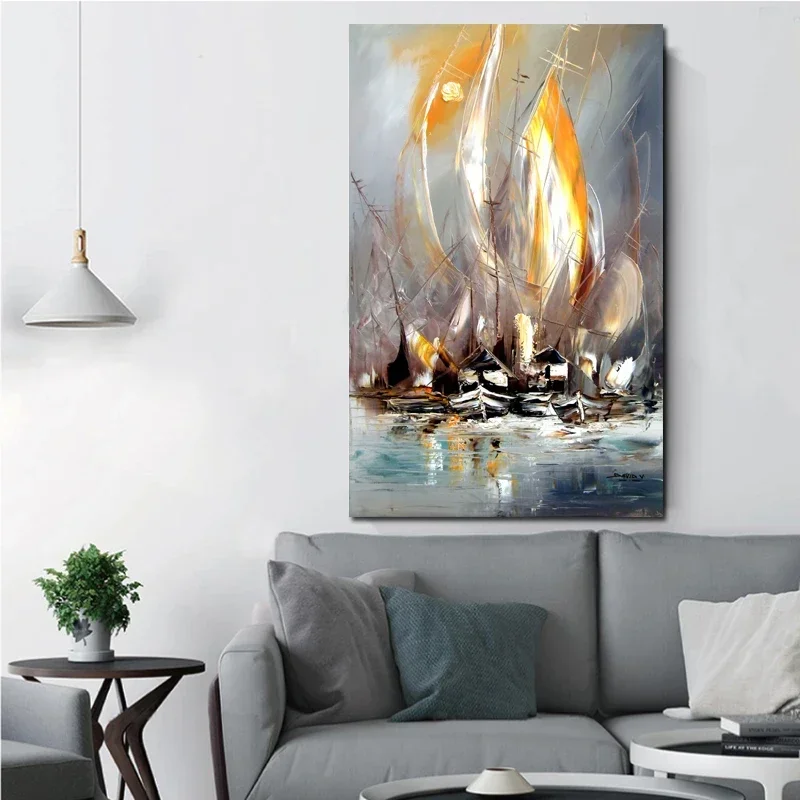 لوحة زيتية تجريدية مرسومة يدويًا على قماش ، قارب بحري ، منظر طبيعي ، غرفة معيشة ، مكتب ، ديكور منزلي حديث ، فن حائط مصنوع يدويًا #4