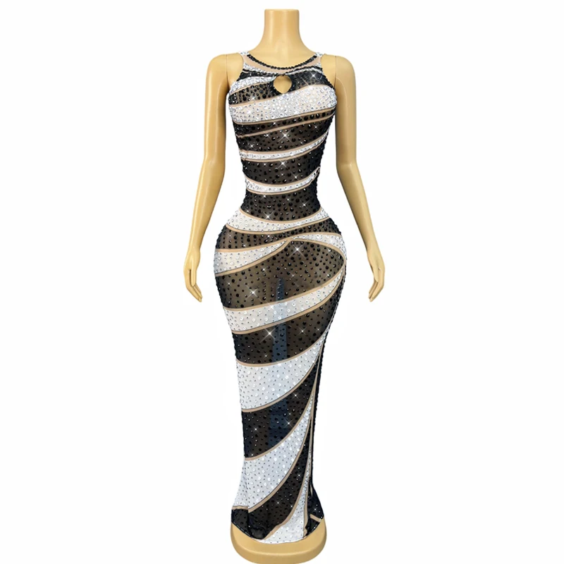 女性祝うイブニングドレス白黒ラインストーンフェスティバル衣装歌手ジャズ衣装ステージパフォーマンスドレス XS10059