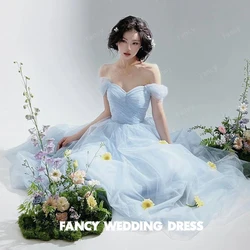 Fancy Fairy Light Blue Off Shoulder Wedding Dress Korea Photo Shoot A Line Soft Tulle Bridal Gown Back Corset 웨딩드레스 customized